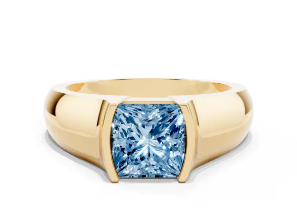 Fancy Blue Princess Cut Solitaire Bezel Set Diamond Ring with Wide Band Yellow gold
