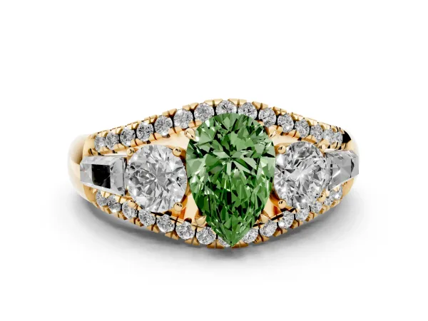 Fancy Green Three-Stone Pear Cut Diamond Engagement Ring with Pave Band and Prong Setting Yellow gold
