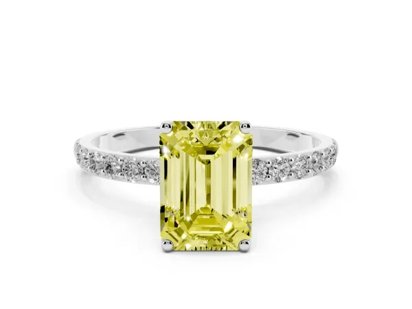 Fancy Yellow Emerald Cut Diamond Solitaire Engagement Ring with Round Pavé Band and Prong Setting White gold
