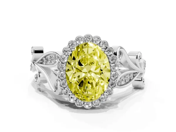 Fancy Yellow Oval Cut Diamond Halo Ring with Vintage Split Shank and Four-Prong Setting Platinum