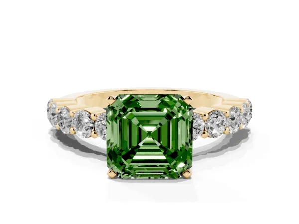 Fancy Green Asscher Cut Diamond Solitaire Ring with Shared Prong Round Side Stones Yellow gold