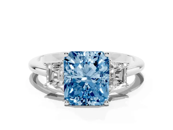 Fancy Blue Radiant Cut Diamond Three-Stone Ring with Trapezoid Side Stones and Prong Setting Platinum