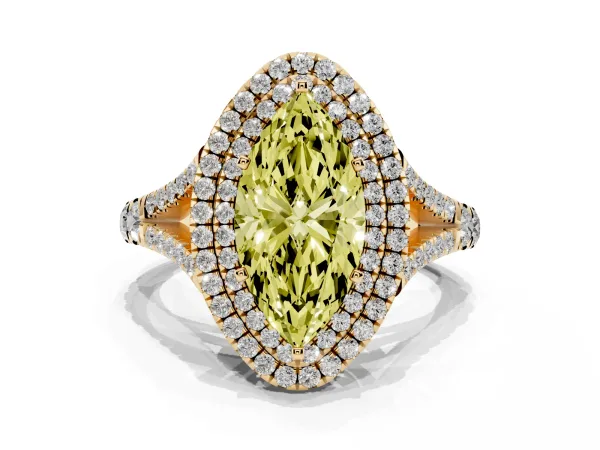 Fancy Yellow Marquise Cut Cut Double Halo Split Shank Diamond Ring with Prong Setting Yellow gold