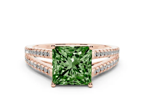 Fancy Green Princess Cut Diamond Solitaire Engagement Ring with Split Shank Pavé Band Rose gold