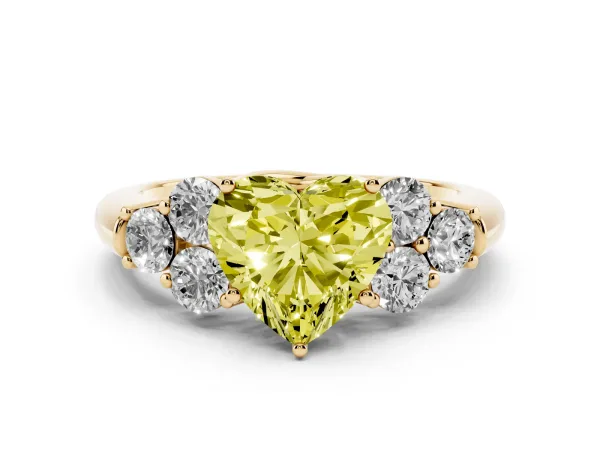 Fancy Yellow Heart Cut Cut Diamond Cluster Ring with Round Accent Stones and Prong Setting on a Classic Band Yellow gold