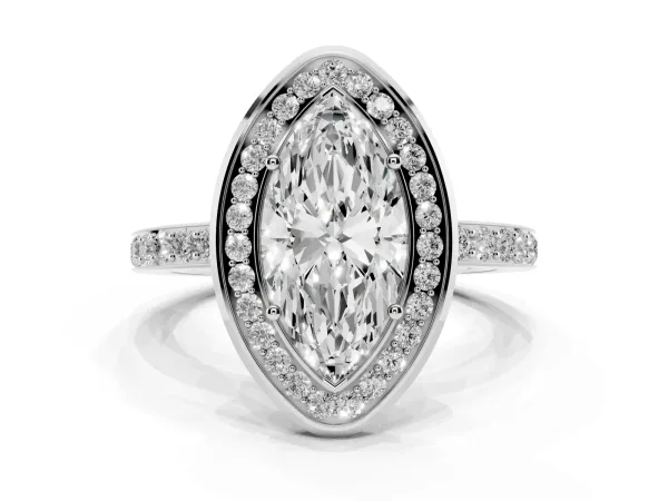 Marquise Cut Diamond Halo Ring with Bezel Frame and Pavé Band White gold