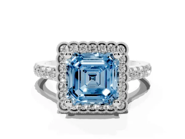 Fancy Blue Asscher Cut Cut Diamond Milgrain Floral Halo Engagement Ring with Pavé Band Platinum