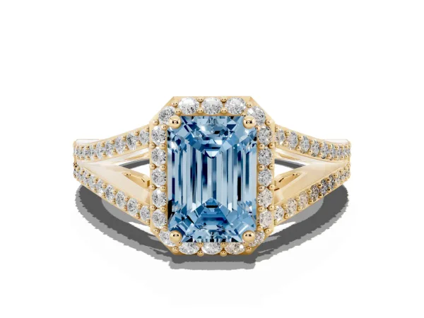 Fancy Blue Emerald Cut Halo Split Shank Diamond Ring with Prong Setting Yellow gold