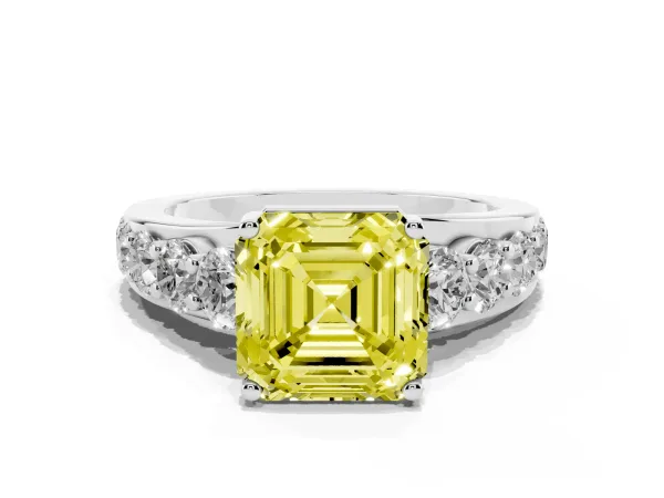 Fancy Yellow Asscher Cut Diamond Engagement Ring with Pavé Band and Four-Prong Setting White gold
