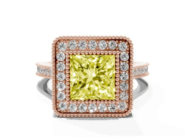 Fancy Yellow Princess Cut Diamond Halo Ring with Milgrain Frame and Pavé Band Rose gold
