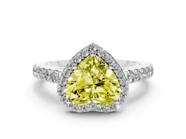 Fancy Yellow Heart Cut Cut Halo Diamond Engagement Ring with Pave Band and Four-Prong Setting White gold