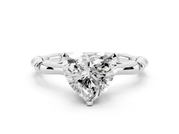 Heart Cut Solitaire Diamond Ring with Bamboo Band and Four-Prong Setting White gold