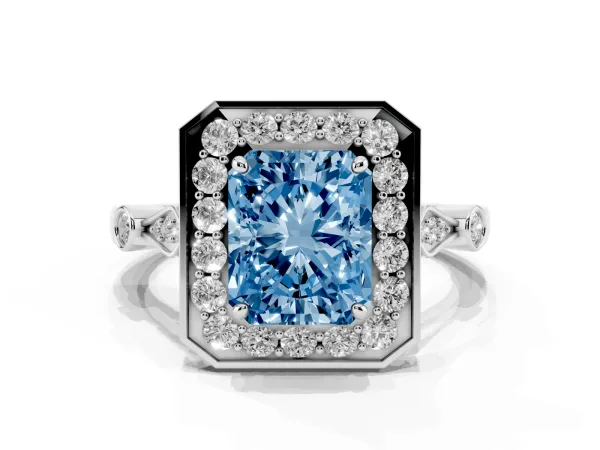 Fancy Blue Radiant Cut Halo Diamond Engagement Ring with Twisted Band and Four-Prong Setting Platinum