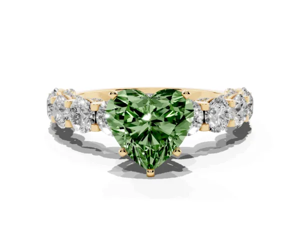 Fancy Green Heart Cut Diamond Side Stone Engagement Ring with Four-Prong Setting Yellow gold