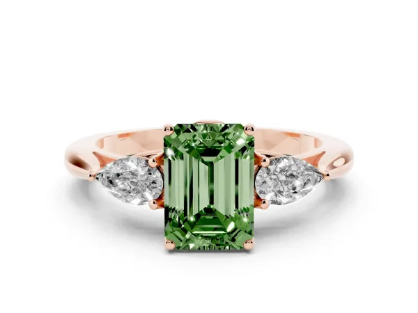 Fancy Green Emerald Cut Diamond Three-Stone Ring with Pear Side Stones and Prong Setting Rose gold