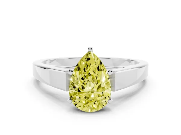 Fancy Yellow Pear Cut Solitaire Engagement Ring with Four-Prong Setting and Tapered Band Platinum