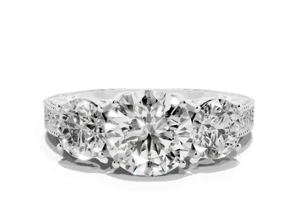 Three-Stone Round Cut Cut Milgrain Pavé Engagement Ring Platinum