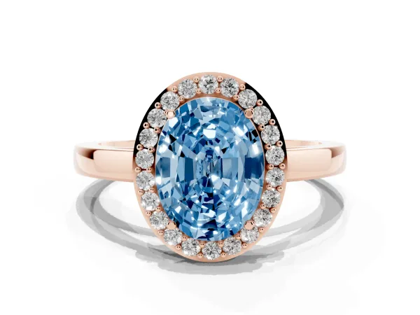 Fancy Blue Oval Cut Halo Diamond Ring with Solitaire Band and Prong Setting Rose gold