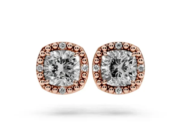 Cushion Diamond Beaded Halo Stud Earrings Rose gold