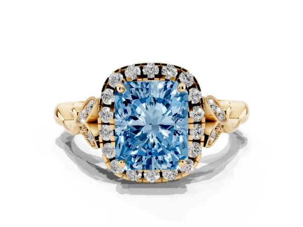 Fancy Blue Radiant Cut Halo Diamond Engagement Ring with Vintage-Inspired Band and Four-Prong Setting Yellow gold