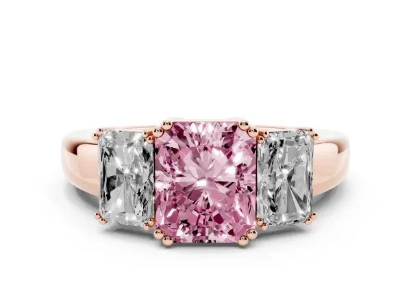 Fancy Pink Three-Stone Radiant Cut Cut Diamond Ring with Channel Set Band and Four-Prong Setting Rose gold