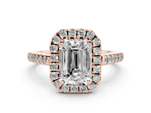 Emerald Cut Halo Pavé Diamond Engagement Ring with Four-Prong Setting Rose gold