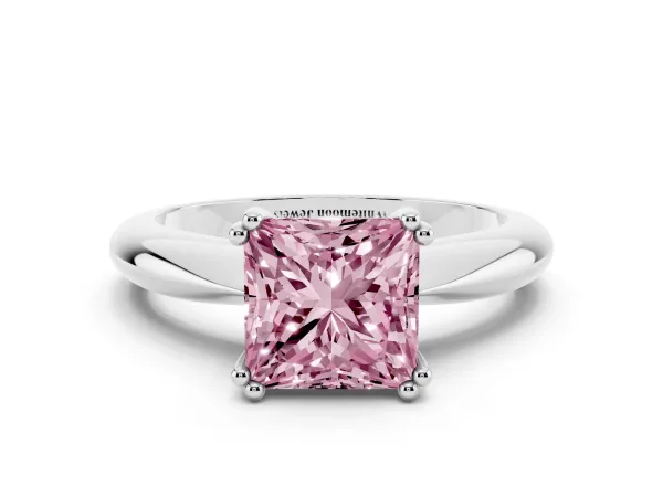 Fancy Pink Princess Cut Cut Solitaire Engagement Ring with Tapered Band and Four-Prong Setting Platinum