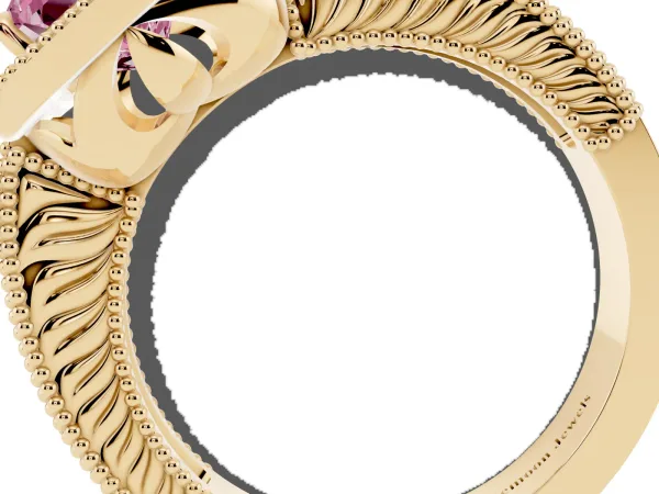 Fancy Pink Radiant Cut Cut Halo Diamond Ring with Pavé Band and Four-Prong Setting Yellow gold