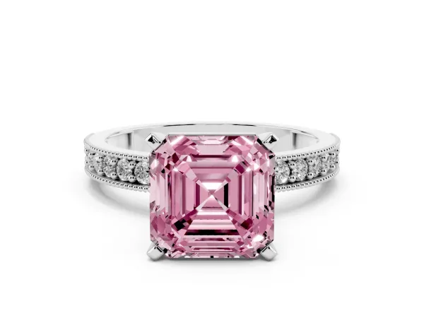 Fancy Pink Asscher Cut Diamond Milgrain Pavé Engagement Ring with Four-Prong Setting White gold