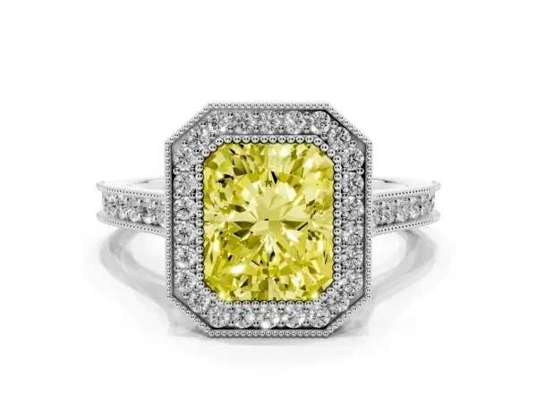 Fancy Yellow Halo Radiant Cut-Cut Diamond Pave Band Milgrain Prong Setting Ring Platinum