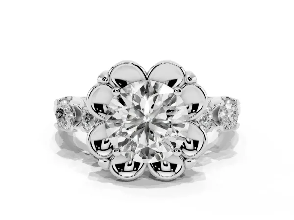 Round Cut Cut Diamond Floral Halo Engagement Ring with Shared Prong Setting White gold