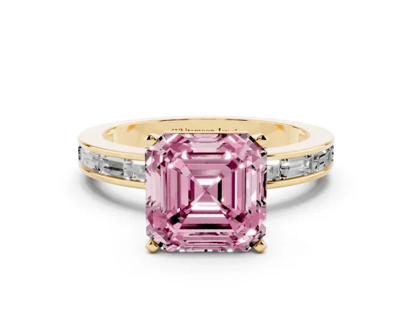 Fancy Pink Asscher Cut Solitaire Diamond Ring with Channel-Set Baguette Band and Four-Prong Setting Yellow gold