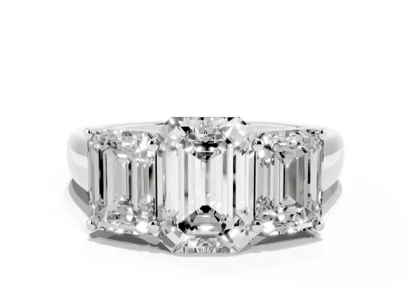 Emerald Cut Three-Stone Diamond Ring with Prong Setting on a Classic Band White gold