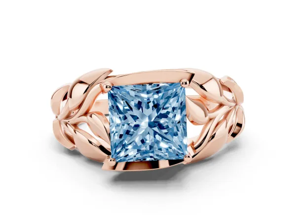 Fancy Blue Princess Cut Diamond Leaf-Inspired Engagement Ring with Round Accents and Prong Setting Rose gold