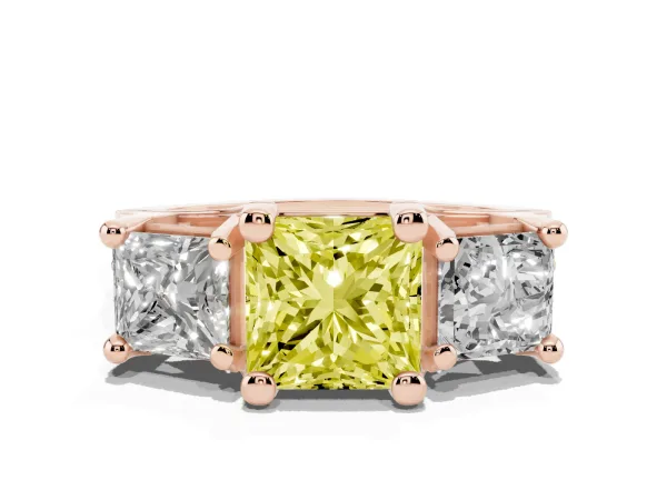 Fancy Yellow Princess Cut Diamond Three-Stone Ring with Channel Set Band and Four-Prong Setting Rose gold