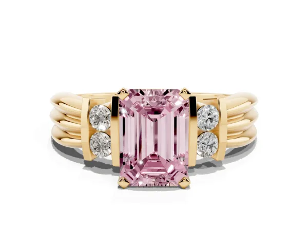 Fancy Pink Emerald Cut Cut Three-Stone Channel Set Ring with Bar Prongs Yellow gold