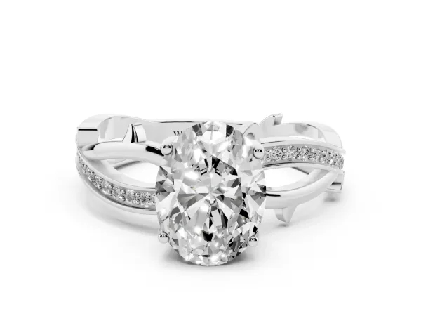 Oval Cut Solitaire Twist Band with Pavé Accents and Four-Prong Setting Platinum