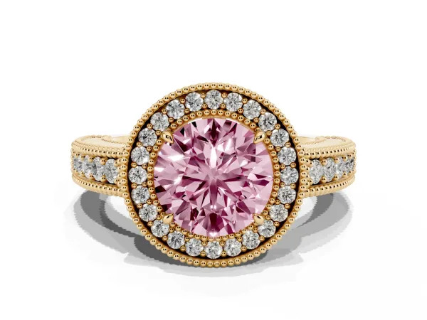 Fancy Pink Round Cut Cut Halo Diamond Ring with Pavé Band and Four-Prong Setting Yellow gold