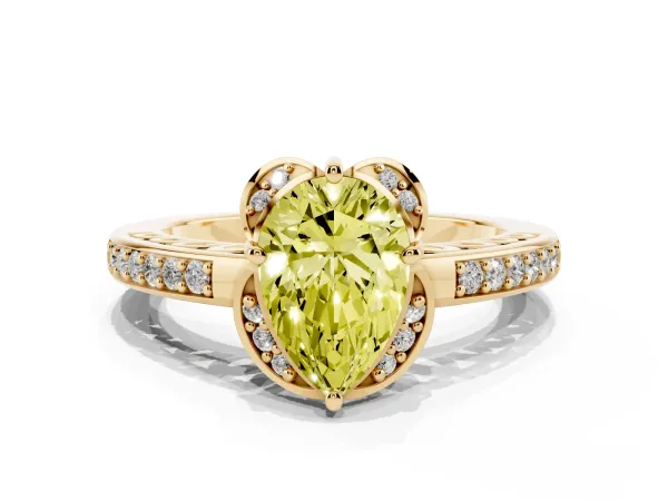Fancy Yellow Pear Cut Cut Halo Diamond Ring with Channel Set Band and Four-Prong Setting Yellow gold