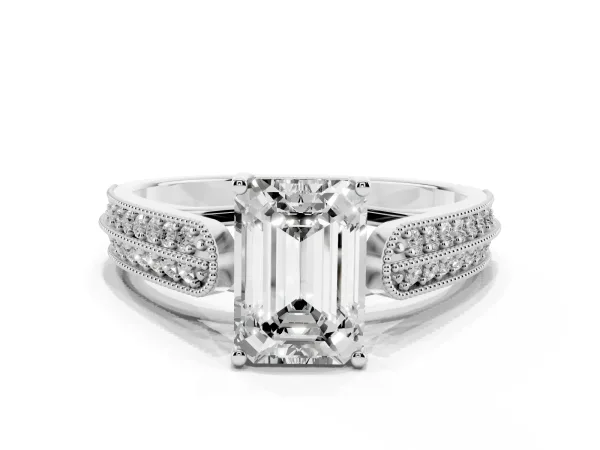 Emerald Cut Cut Pave Split Shank Engagement Ring with Four-Prong Setting White gold