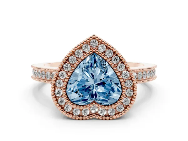Fancy Blue Heart Cut Cut Halo Diamond Ring with Pavé Band and Milgrain Prong Setting Rose gold