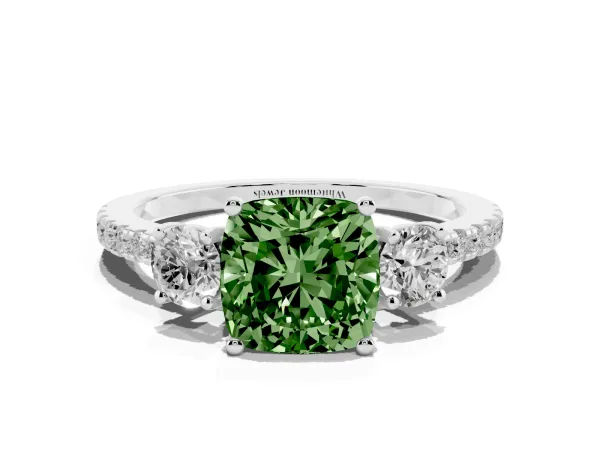 Fancy Green Three-Stone Cushion Cut Cut Diamond Pavé Band with Prong Setting White gold