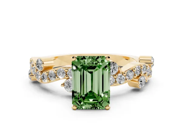Fancy Green Emerald Cut Cut Solitaire Diamond Twisted Band with Pave Setting Yellow gold