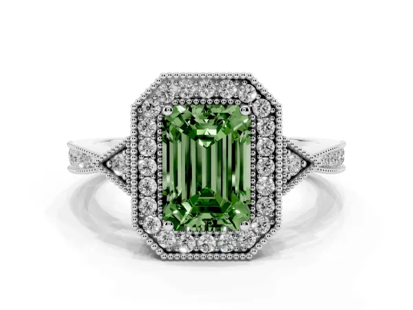 Fancy Green Emerald Cut Halo Round Diamond Milgrain Pave Engagement Ring White gold