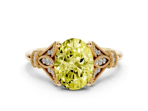 Fancy Yellow Oval Cut Diamond Solitaire Ring with Floral Filigree and Pave Accents Yellow gold