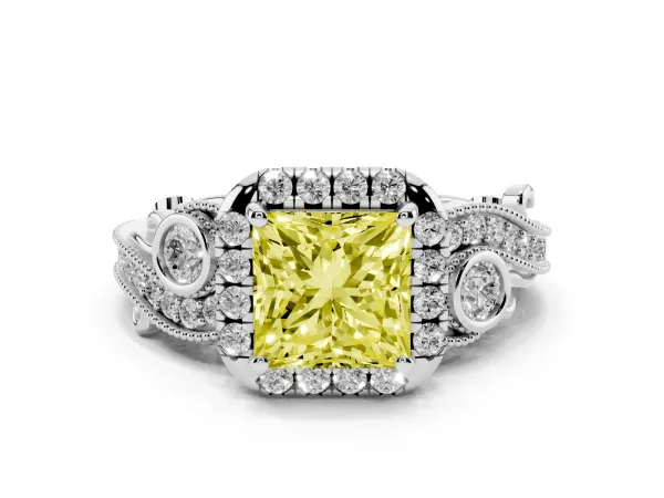 Fancy Yellow Princess Cut Diamond Halo Ring with Milgrain Pavé Band and Four-Prong Setting Platinum