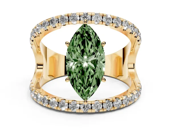 Fancy Green Marquise Cut Solitaire Split Shank Pave Diamond Ring Yellow gold