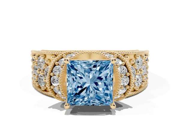 Fancy Blue Princess Cut Halo Pave Diamond Engagement Ring with Milgrain Detailing Yellow gold