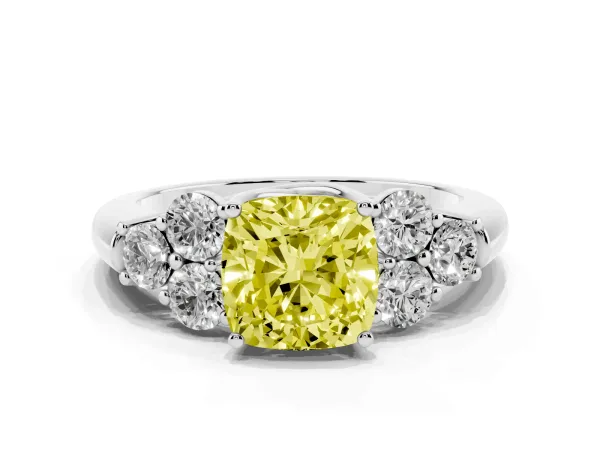 Fancy Yellow Cushion Cut Cut Diamond Cluster Ring with Round Accent Stones and Prong Setting on a Classic Band White gold