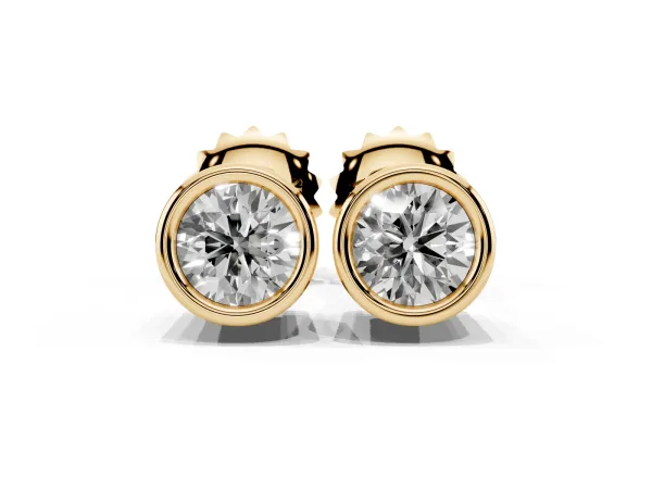 Bezel Set Round Diamond Stud Earrings with Push Back Yellow gold